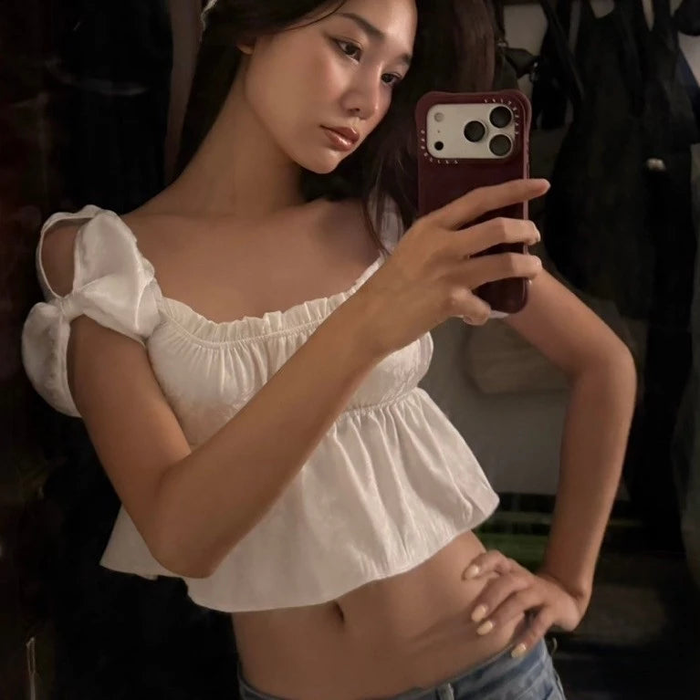 ANN CROP TOP - Gonghaze Ann top – White Floral Satin Crop Top