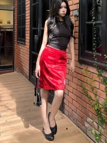 RED BLOOMY SKIRT – Gonghaze Floral Satin Skirt