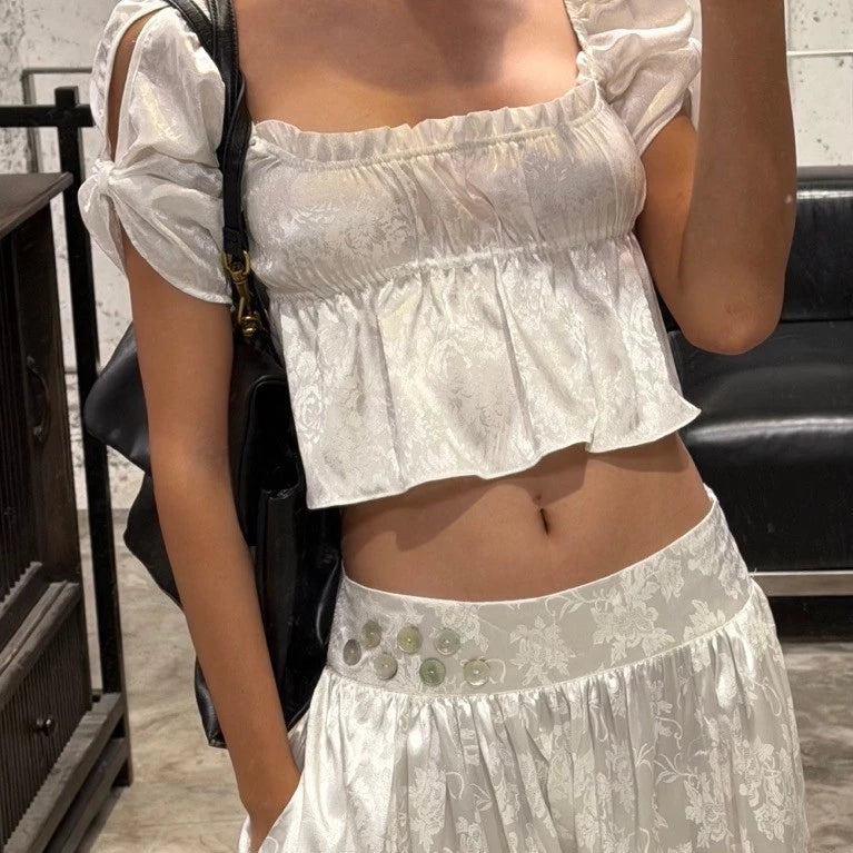 ANN CROP TOP - Gonghaze Ann top – White Floral Satin Crop Top