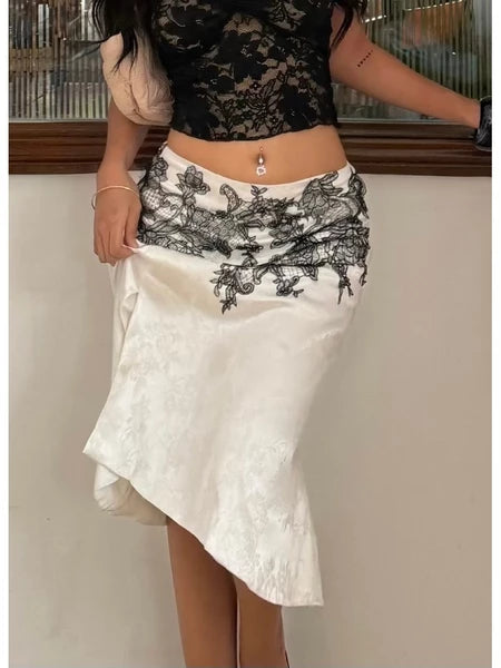REMY SKIRT – Gonghaze Remy Skirt – White Brocade Silk Midi Skirt