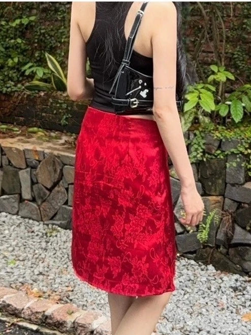 RED BLOOMY SKIRT – Gonghaze Floral Satin Skirt