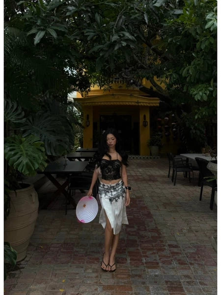 REMY SKIRT – Gonghaze Remy Skirt – White Brocade Silk Midi Skirt
