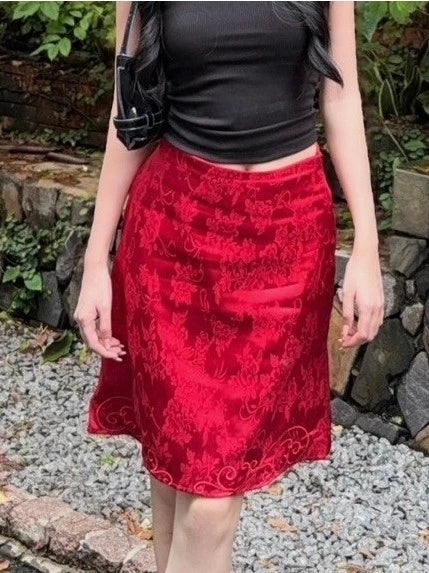 RED BLOOMY SKIRT – Gonghaze Floral Satin Skirt