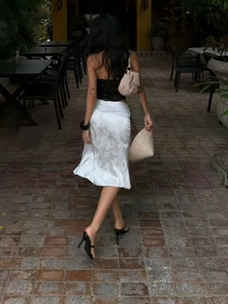 REMY SKIRT – Gonghaze Remy Skirt – White Brocade Silk Midi Skirt