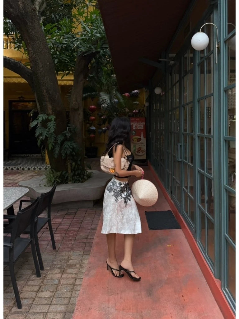 REMY SKIRT – Gonghaze Remy Skirt – White Brocade Silk Midi Skirt